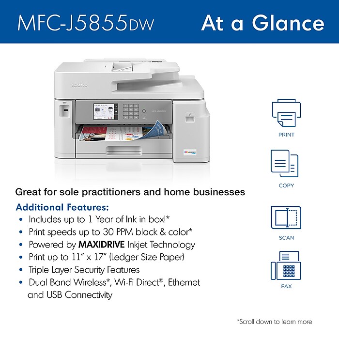 MFC-J5855DW INKvestment Tank All-in-One Color Inkjet Printer, Copy/Fax/Print/Scan