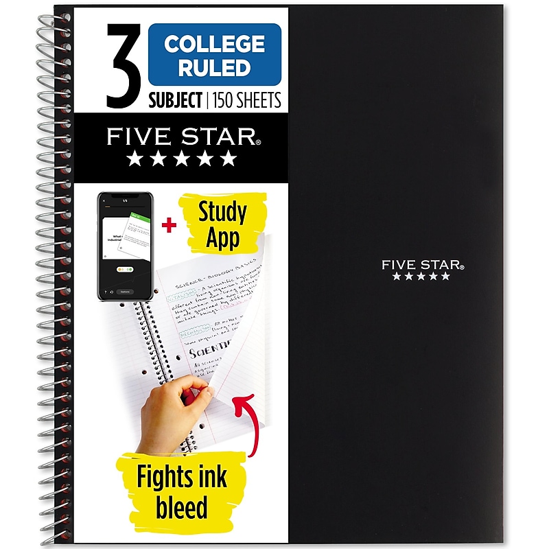 Five Star 3-Subject Wirebound Notebook, 8-1/2" x 11", College Ruled, 150 Sheets, Black (72069) image 1