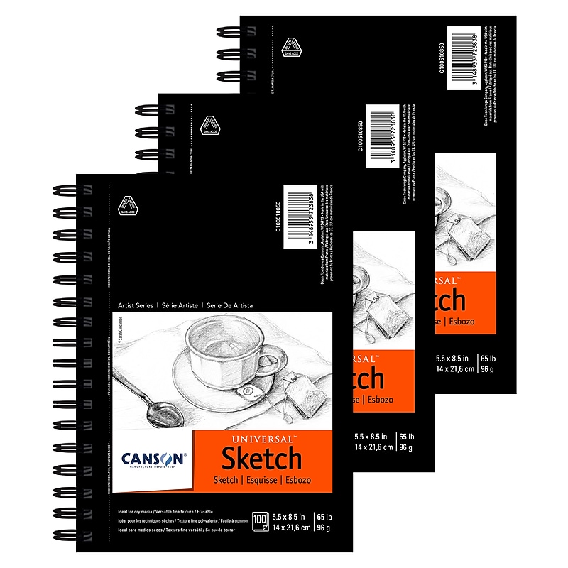 Canson Artist Series 5.5" x 8.5" Wire Bound Universal Drawing Sketch Pad, 100 Sheets/Pad, 3/Bundle (MCXC100510850-3) image 1