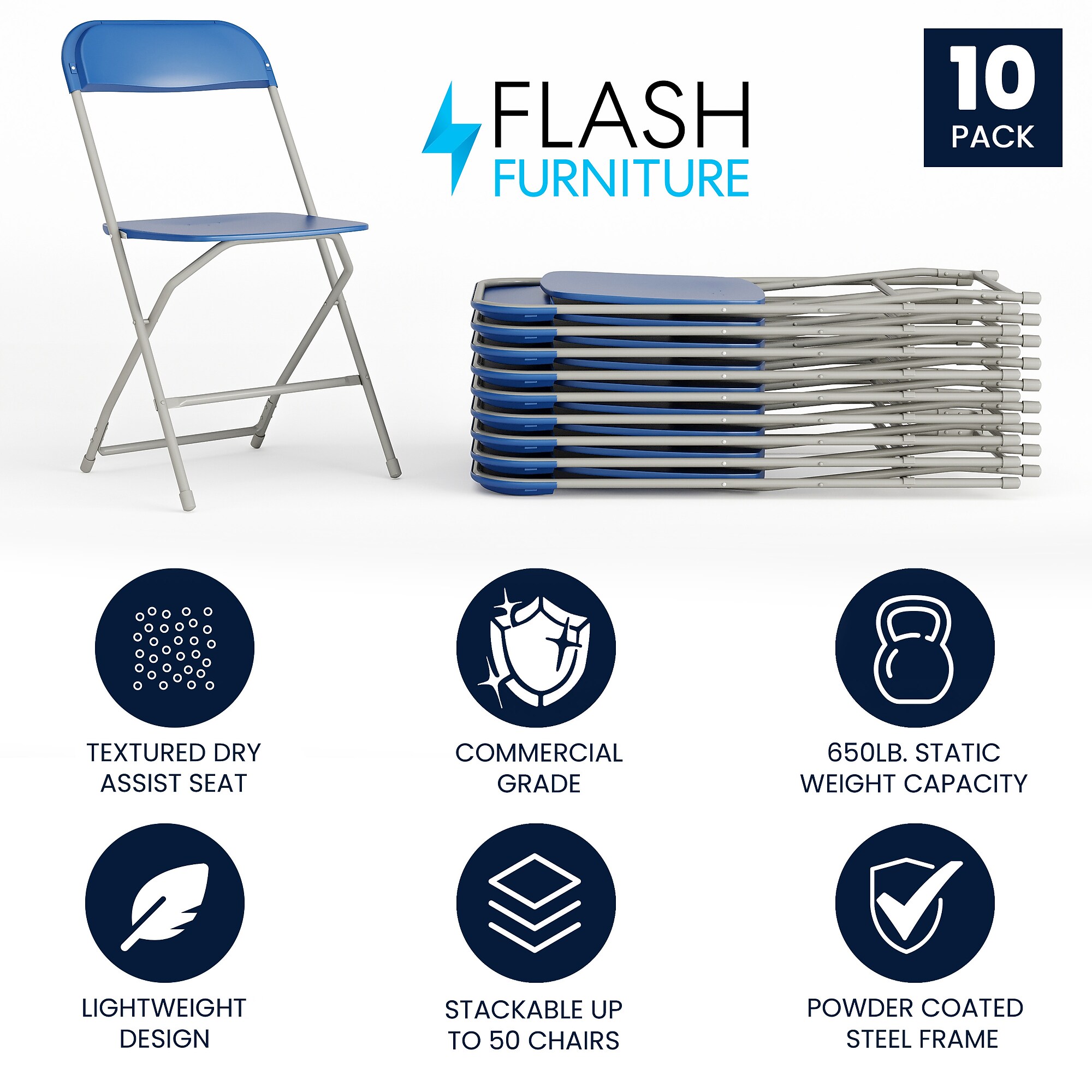Flash Furniture HERCULES Plastic Folding Chair, Blue, 10/Pack (10LEL3BLUE) Sansujyuku sansujyuku.com