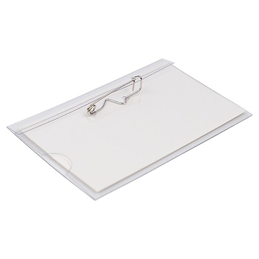 JAM PAPER Plastic Name Tags with Pin, 3 5/8" x 2 1/4", Clear, 96/Pack (401139015a) Staples