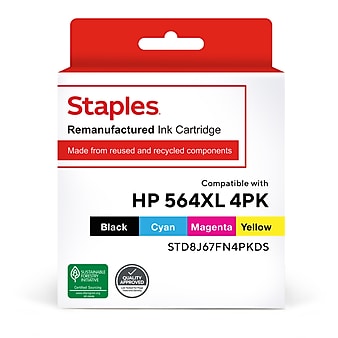 Staples Remanufactured Black High Yield/Cyn, Mag, Yel Standard Yield Ink Cartridge Replacement for HP 564XL/564, 4/Pack