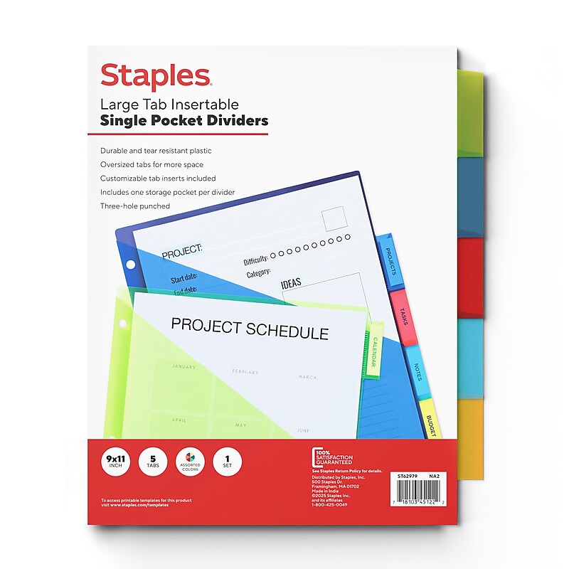 Staples Large Tab Plastic Insertable Pocket Dividers, 5-Tabs, Multicolor (ST62979) image 1
