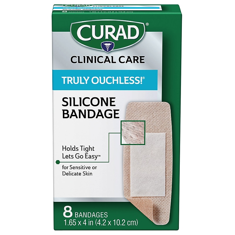 Curad Truly Ouchless 1 5/8" x 4" Silicone Adhesive Bandages, Beige, 8 Bandages/Box, 24/Carton (CUR5003V1) image 1