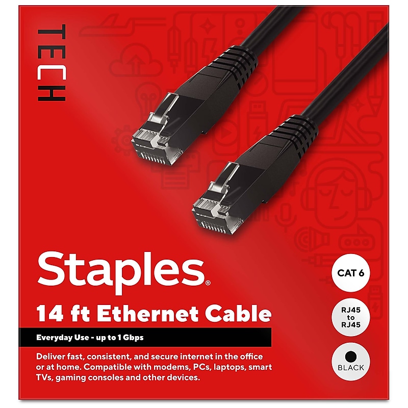 Staples TECH 14 ft. Cat-6 Ethernet Cable, Male to Male, Black (ST62456) image 1