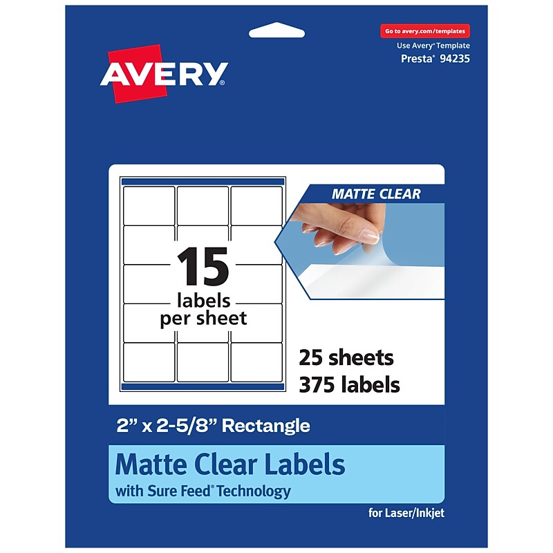 Avery Laser/Inkjet Rectangle Multipurpose Labels, 2" x 2-5/8", Clear, 375/Pack (94235) image 1