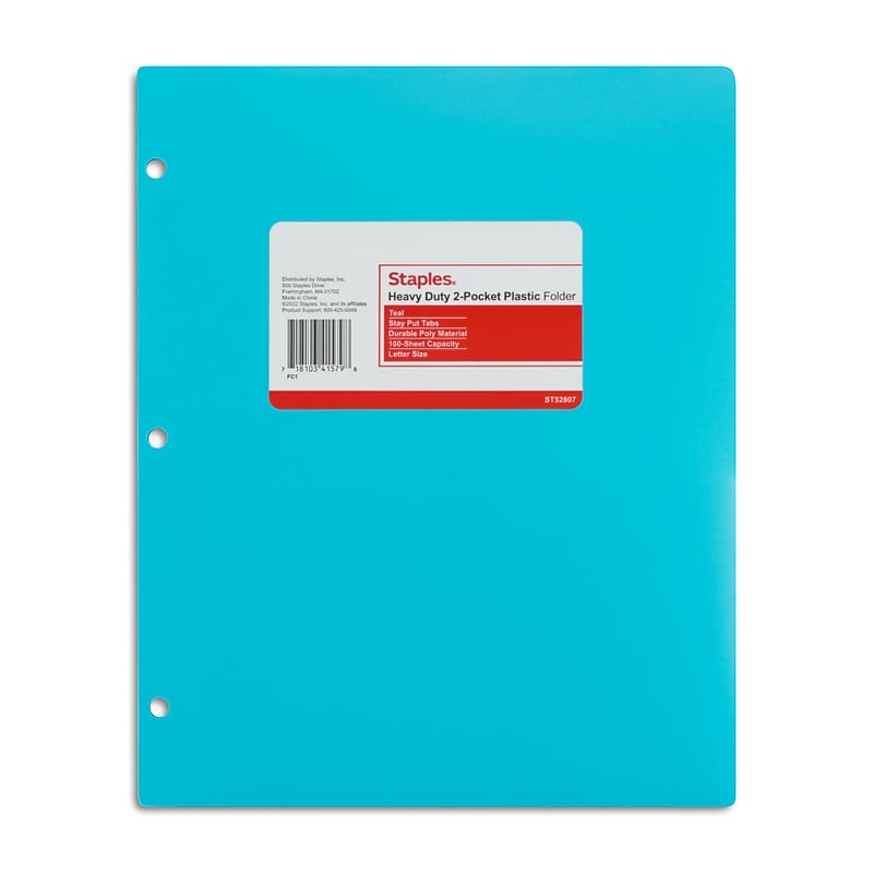 Staples 3-Hole Punched 2-Pocket Plastic Portfolio Folder, Teal (52807) image 1