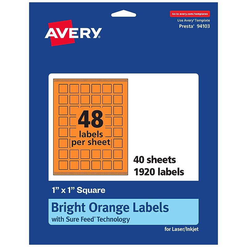 Avery Laser/Inkjet Multipurpose Square Labels, 1" x 1", Bright Orange, 1920/Pack (94103) image 1