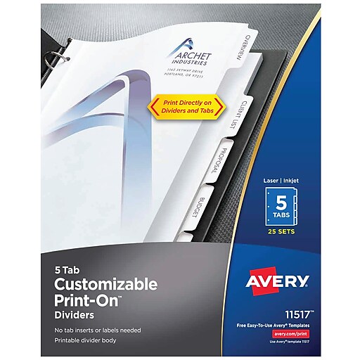 Avery Print-On 5-Tab, White, 25/Sets (11517) | Staples