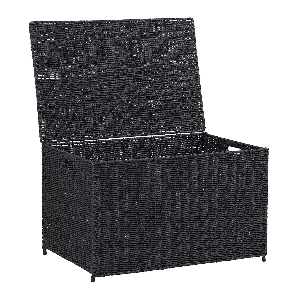 Open lid view of black woven storage chest