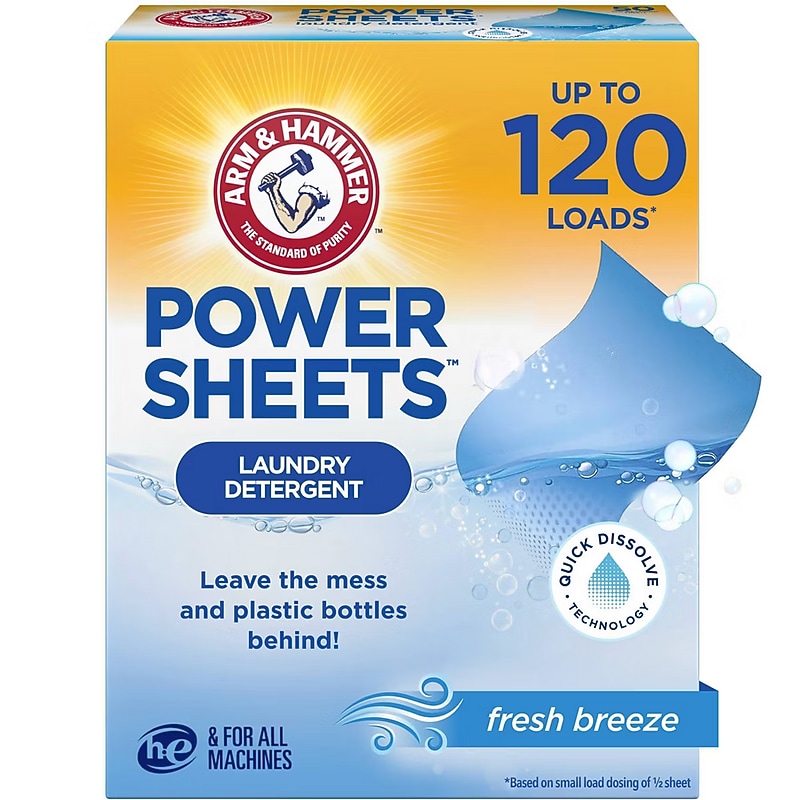 Arm & Hammer Power HE Laundry Detergent Sheets, Fresh Breeze, 120 Loads, 0.53 lbs. (00380) image 1
