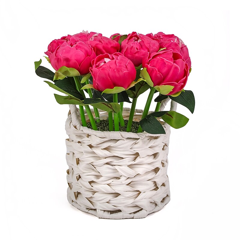National Tree Company 10" Pink Peony Flower Bouquet in White Basket (MT81-06126GPK-1) image 1