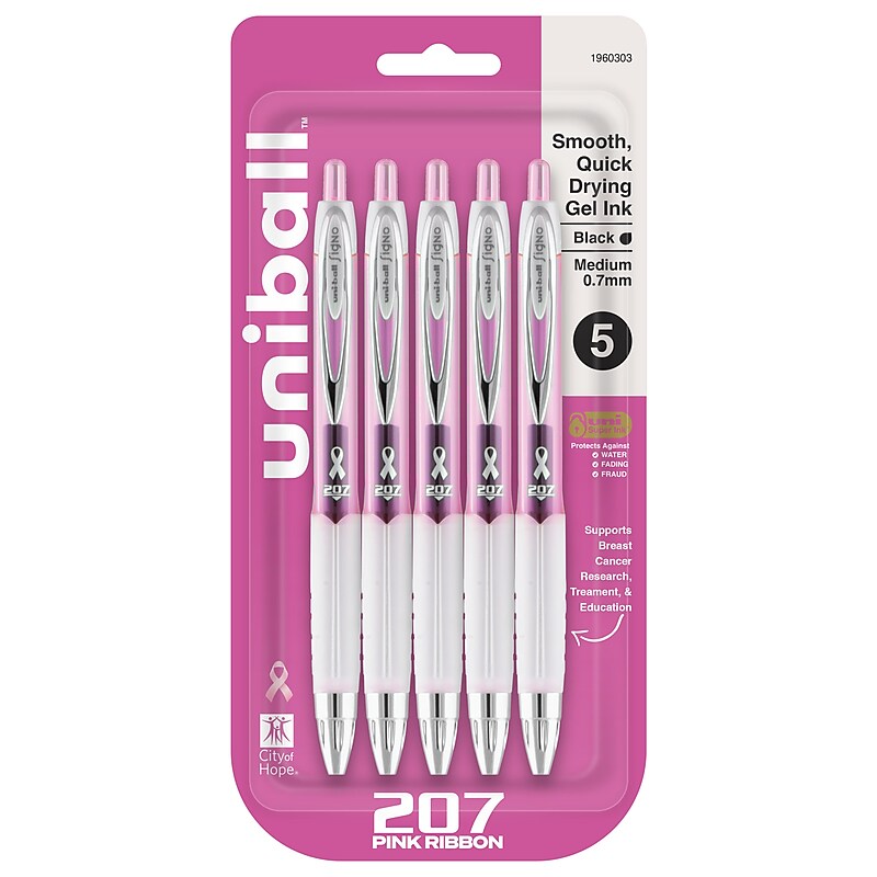 uni-ball 207 Pink Ribbon Retractable Gel Pen, Medium Point, 0.7mm, Black Ink, 5/Pack (1960303) image 1