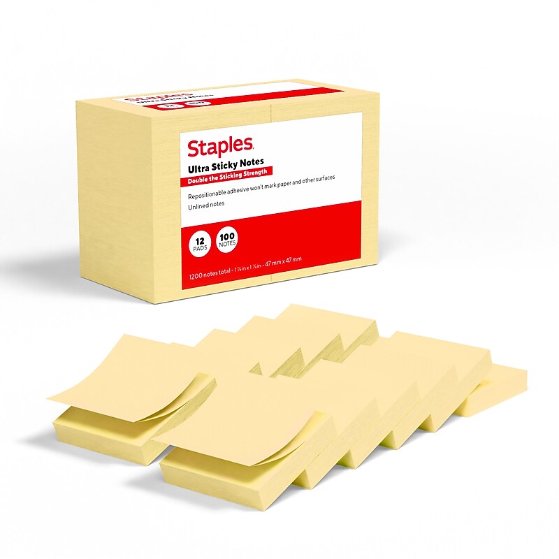 Staples Ultra Sticky Notes, 1 7/8" x 1 7/8", Sunshine Collection, 100 Sheets/Pad, 12 Pads/Pack (ST62879) image 1