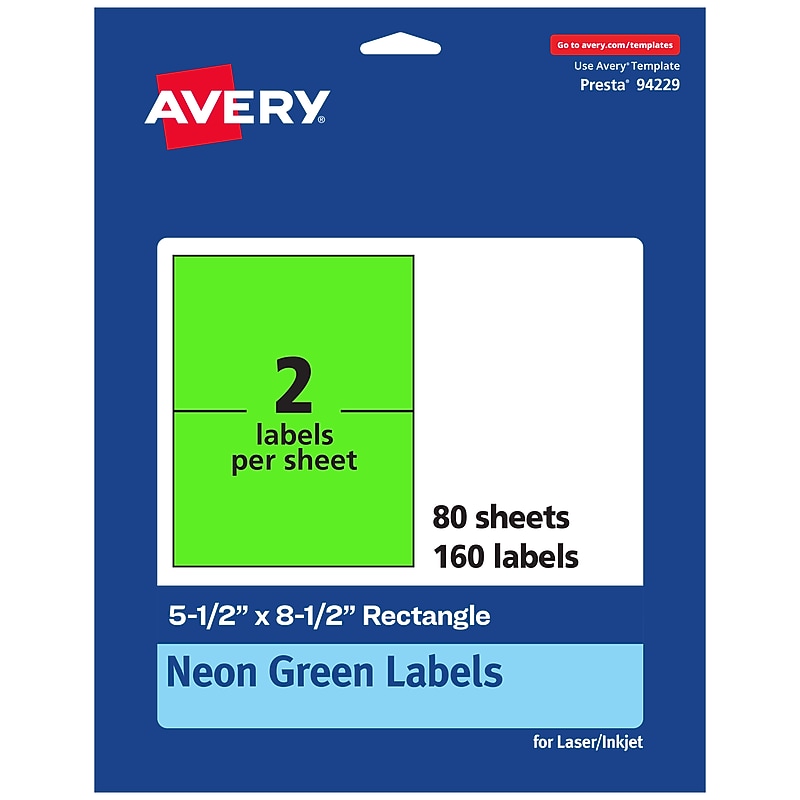 Avery Laser/Inkjet Multipurpose Rectangle Labels, 5.5" x 8.5", Neon Green, 160/Box (94229) image 1