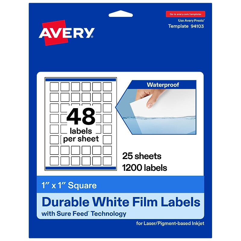 Avery Laser/Inkjet Square Durable Waterproof Labels, 1" x 1", White, 1,200 Labels/Pack (94103) image 1