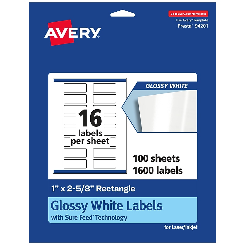 Avery Laser/Inkjet Multipurpose Labels, 2.625" x ", Glossy White, 1600/Box (94201) image 1