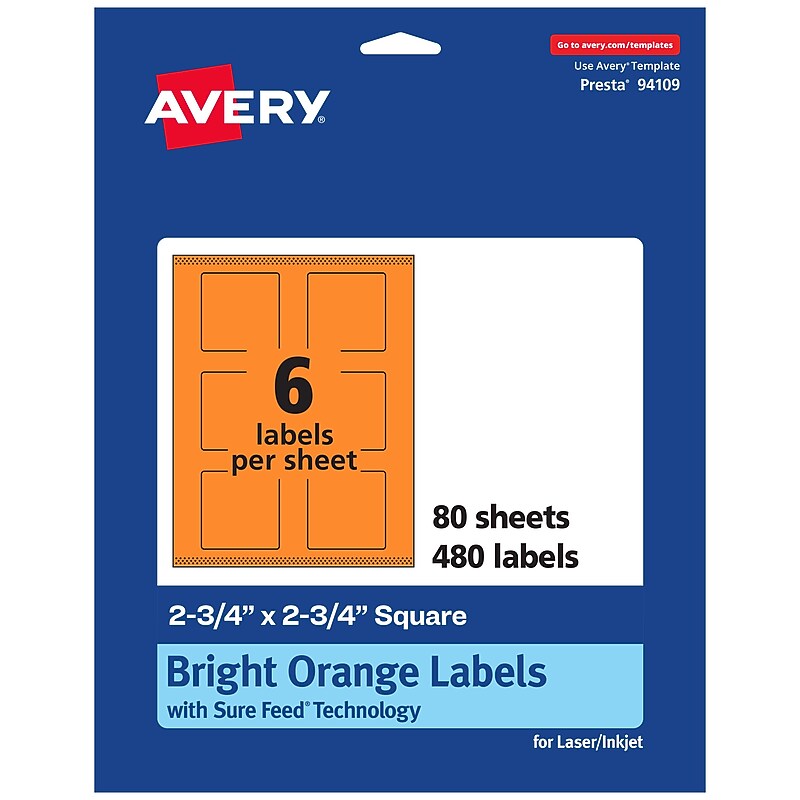 Avery Square Multipurpose Labels, 2.75" x 2.75", Bright Orange, 480/Box (94109) image 1