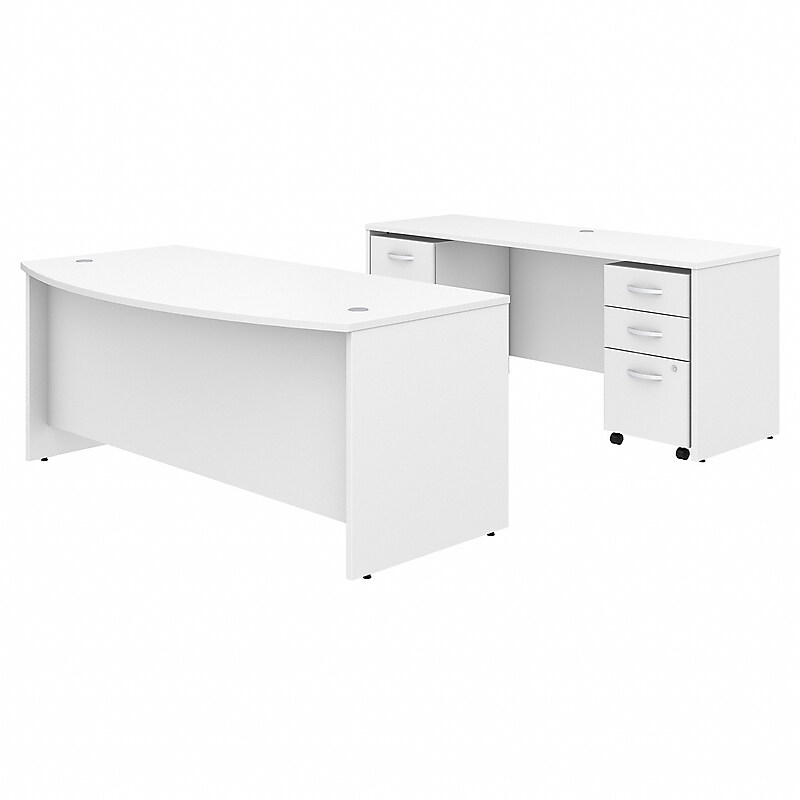 Bush Business Furniture Studio C 72W x 36D Bow Front Desk and Credenza with Mobile File Cabinets, White (STC009WHSU) image 1