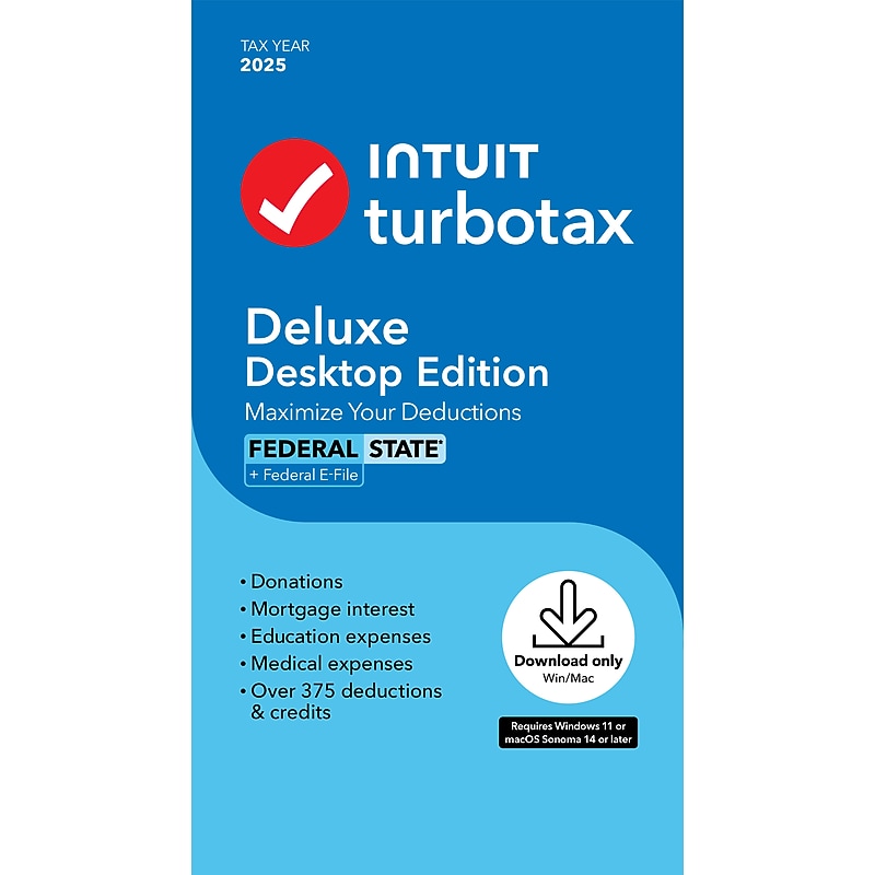 TurboTax Deluxe Desktop Edition 2025, Federal & State Tax Return, Windows/Mac, Product Key Card image 1