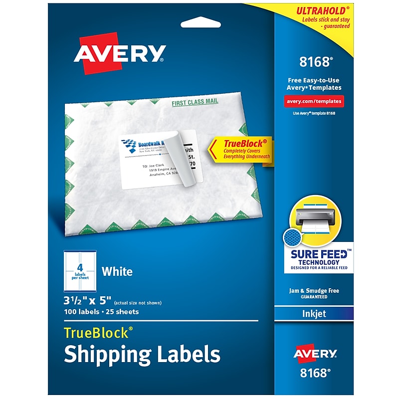 Avery TrueBlock Inkjet Shipping Labels, 3-1/2" x 5", White, 100 Labels/Pack (8168) image 1