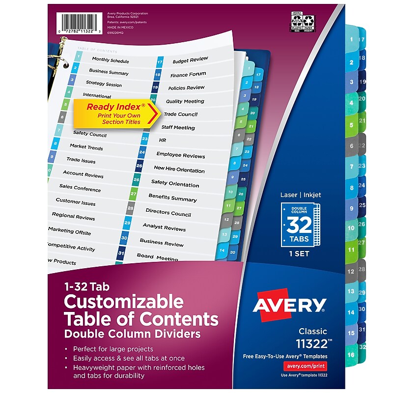 Avery Ready Index Table of Contents Double Column Paper Dividers, 32 Tabs, Multicolored (11322) image 1