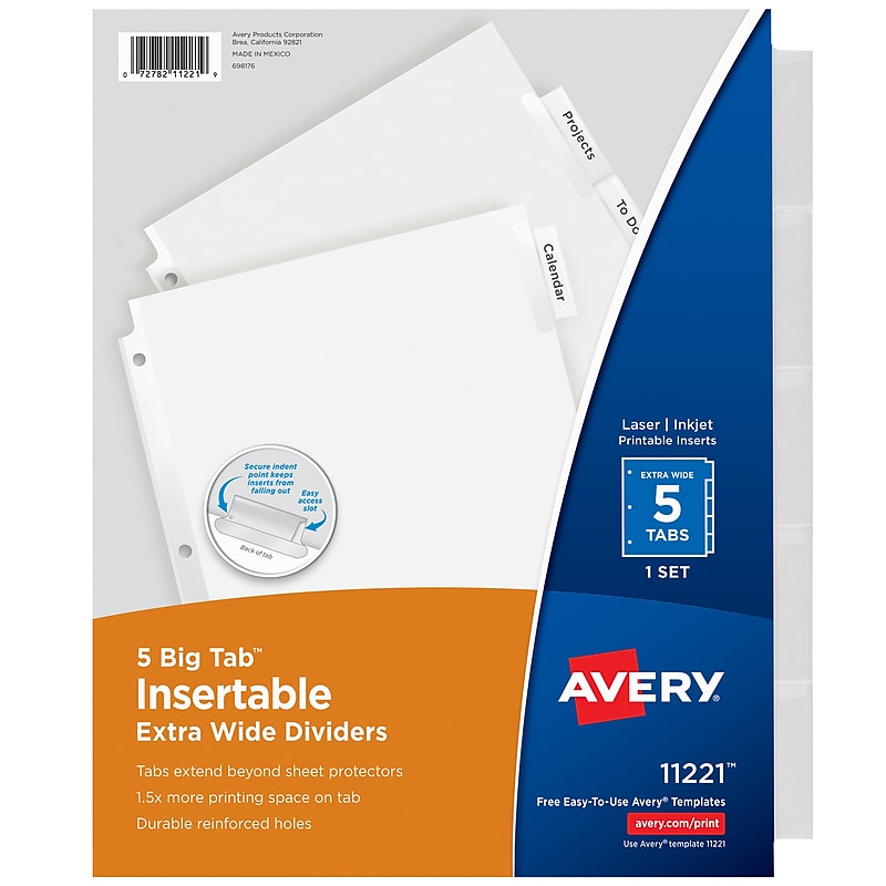 Avery Big Tab Extra-Wide Insertable Paper Dividers, 5 Tab, Clear, Clear Reinforced (11221) image 1