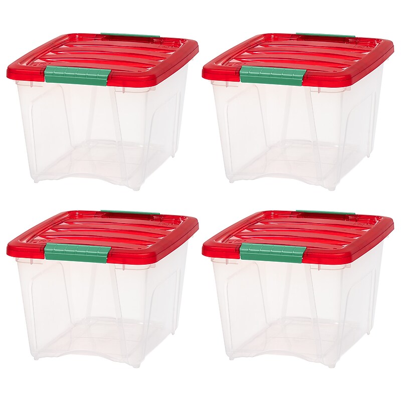 Iris Holiday Small Stackable Plastic Storage Box, 9.5" x 12" x 15", 19 Qt., Clear/Red, 4/Pack (500533) image 1