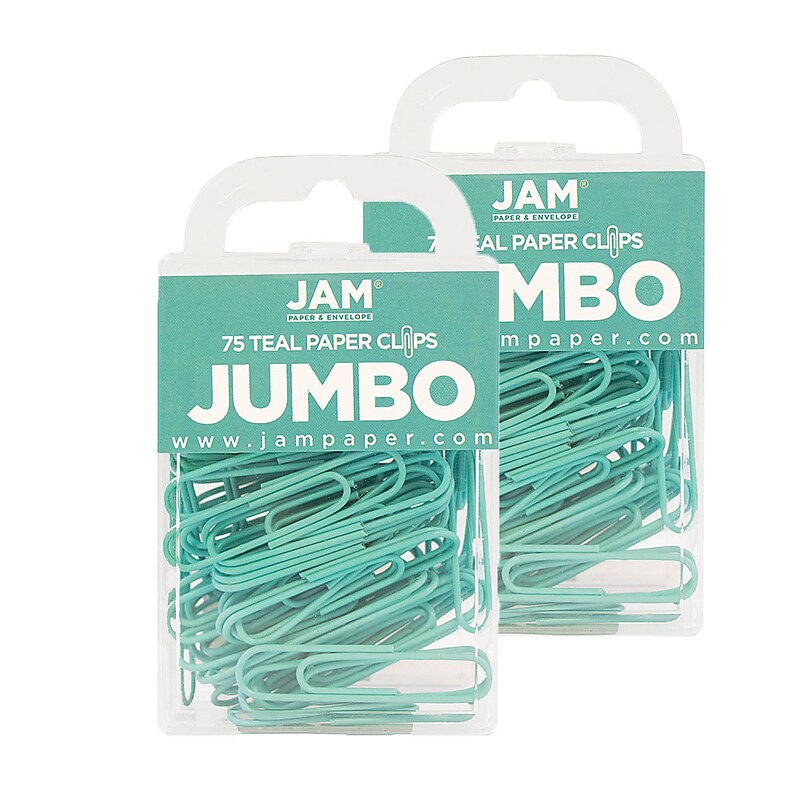 JAM Paper Jumbo Paper Clips, 2" Capacity, Teal, 75 Clips/Pack, 2/Pack (21832065a) image 1