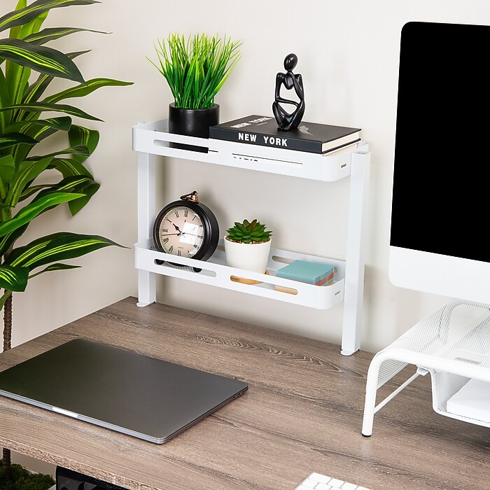 Mind Reader Clamp-On 2-Compartment Metal Desk Shelf, White (DESX2T