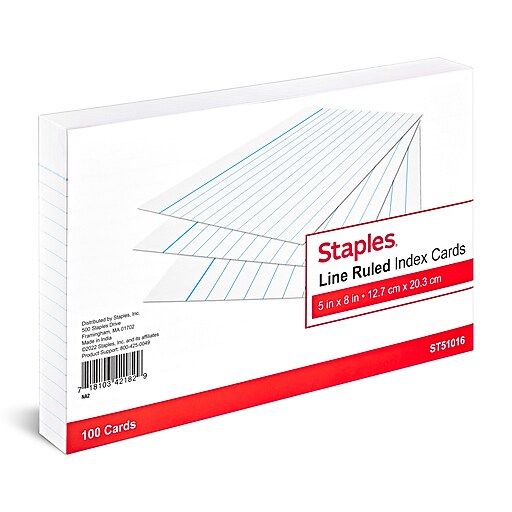 Staples® Lined Index Cards, 5" x 8", White, 100 Cards/Pack (ST51016CC