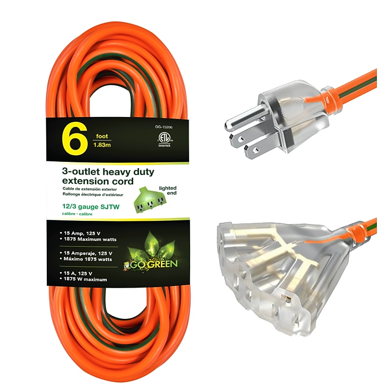 GoGreen Power Heavy Duty Extension Cord, Lighted End, Orange (GG-15206) image 1
