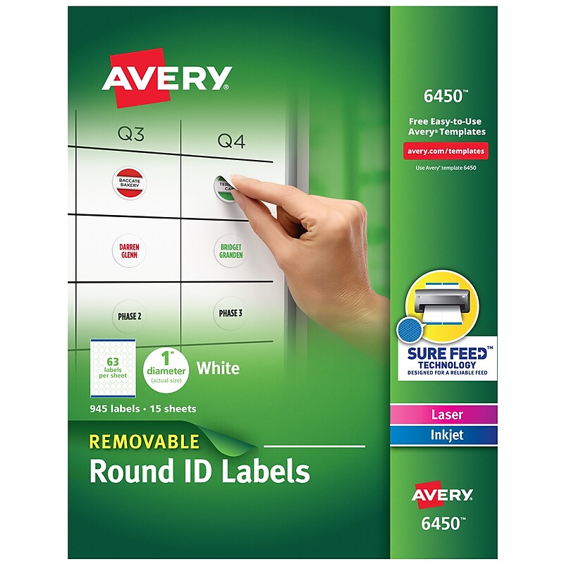 Avery Sure Feed Laser/Inkjet Multipurpose Labels, 1" Dia, White, 945 Labels/Pack (6450) image 1