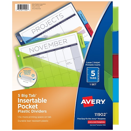 Avery Big Tab Insertable Plastic Dividers with Pocket, 5 Tabs, Multicolor  (11902) | Staples