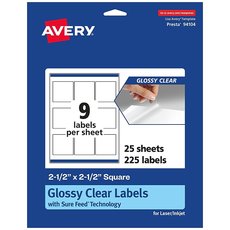 Avery Laser/Inkjet Square Glossy Labels, 2.5" x 2.5", Clear, 225 Labels/Pack (94104) image 1