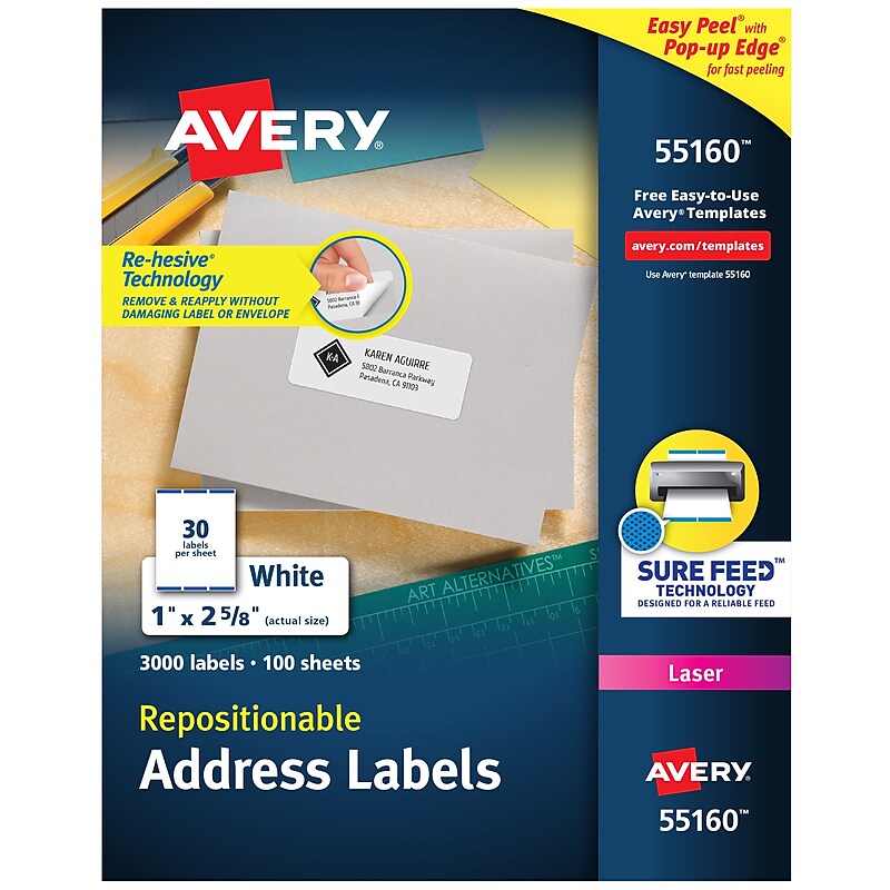 Avery Repositionable Laser Address Labels, 1" x 2-5/8", White, 3,000 Labels/Box (55160) image 1