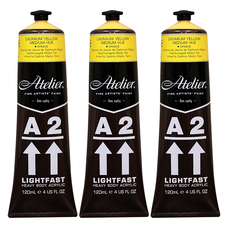 Chroma Atelier A2 Lightfast Acrylic Paint Tube, Cadmium Yellow Medium Hue, 4 oz., 3/Bundle (CRM685-3) image 1