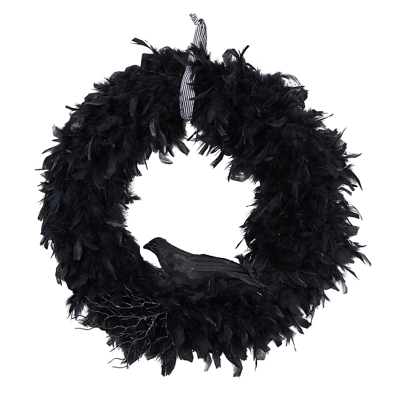 Nearly Natural Halloween Raven Feather Wreath, 30" (W1201) image 1