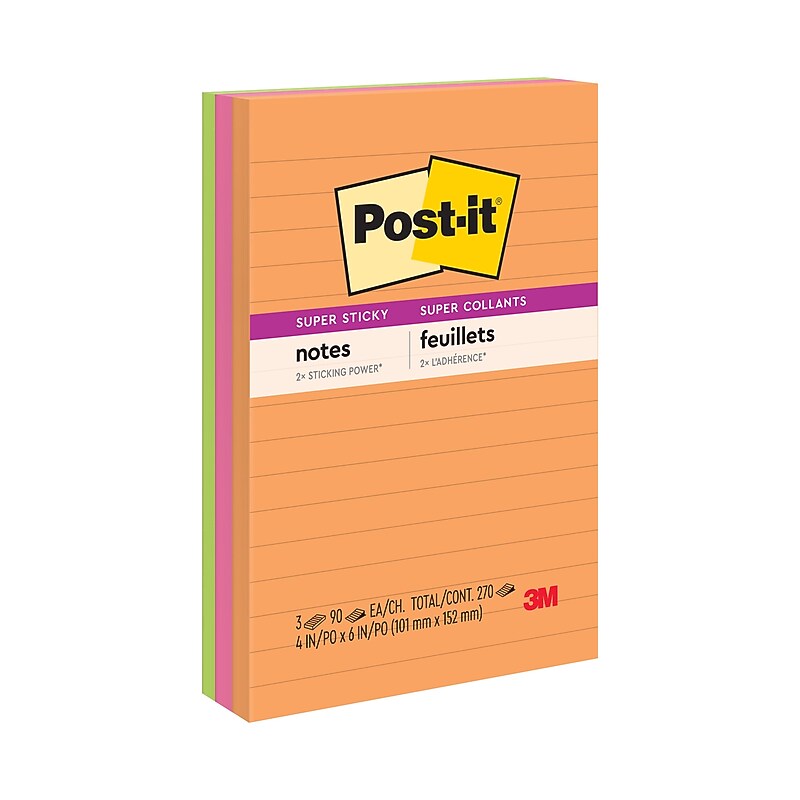 Post-it Super Sticky Notes, 4" x 6", Energy Boost Collection, Lined, 90 Sheet/Pad, 3 Pads/Pack (6603SSUC) image 1