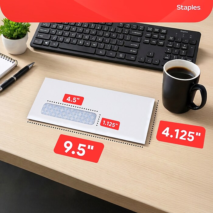 Staples #10 Security‑Tinted Window Business Envelopes, White, Self