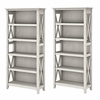 Bush Furniture Key West 66"H 5-Shelf Bookcase with Adjustable Shelves, Linen White Oak Laminated Wood, 2/Set (KWS046LW)