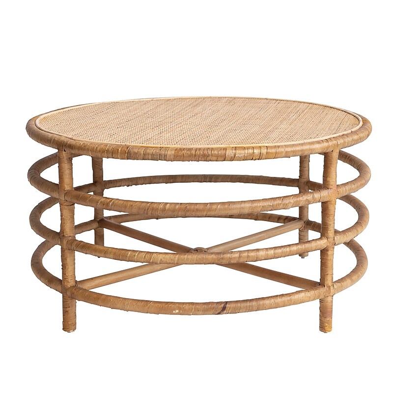 Storied Home Rattan and Banana Leaf Round Coffee Table, Natural (DF6968) image 1