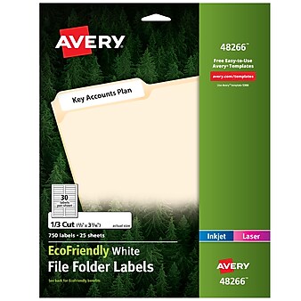 Avery EcoFriendly Laser/Inkjet File Folder Labels, 2/3" x 3 7/16", White, 30 Labels/Sheet, 25 Sheets/Pack (48266)