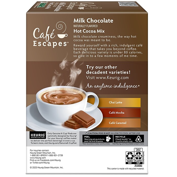 Cafe Escapes Milk Chocolate Hot Cocoa Mix Keurig K Cup Pods 24 Box 6801 Staples