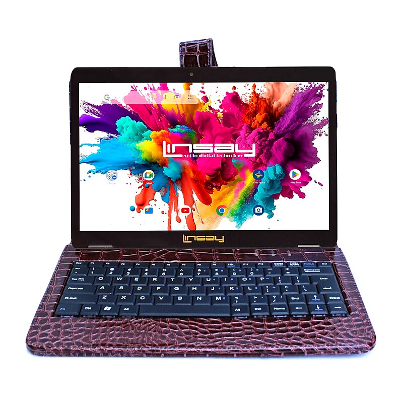 Linsay Octa Core 10.1" Tablet, 4GB RAM, 128GB Storage, Android 13, Bundled with Brown Crocodile Keyboard and Stylus Pen image 1