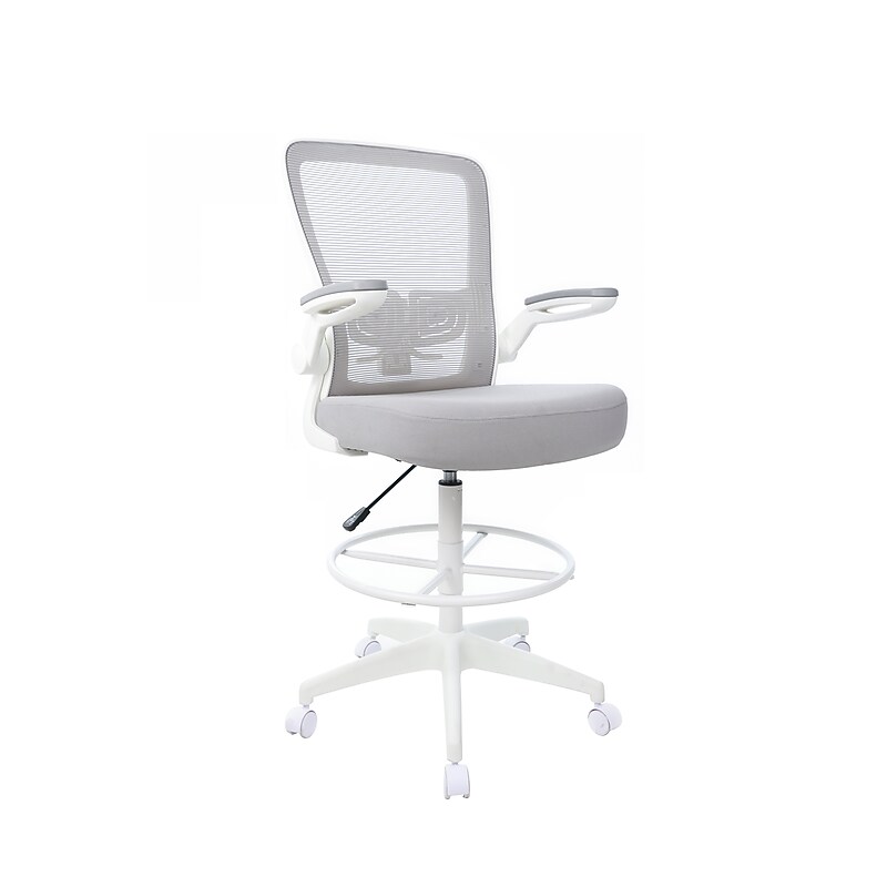Boss Flip Arm Mesh/Fabric Stool with Footrest and Lumbar Support, Gray/White (B16366WT-GY) image 1