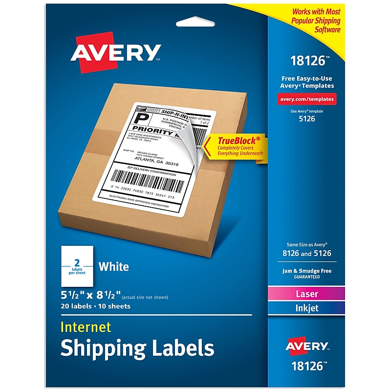 Avery Half-Sheet Printable Shipping Labels, Matte White, Laser/Inkjet, 5.5" x 8.5", 20 Labels/Pack (18126) image 1