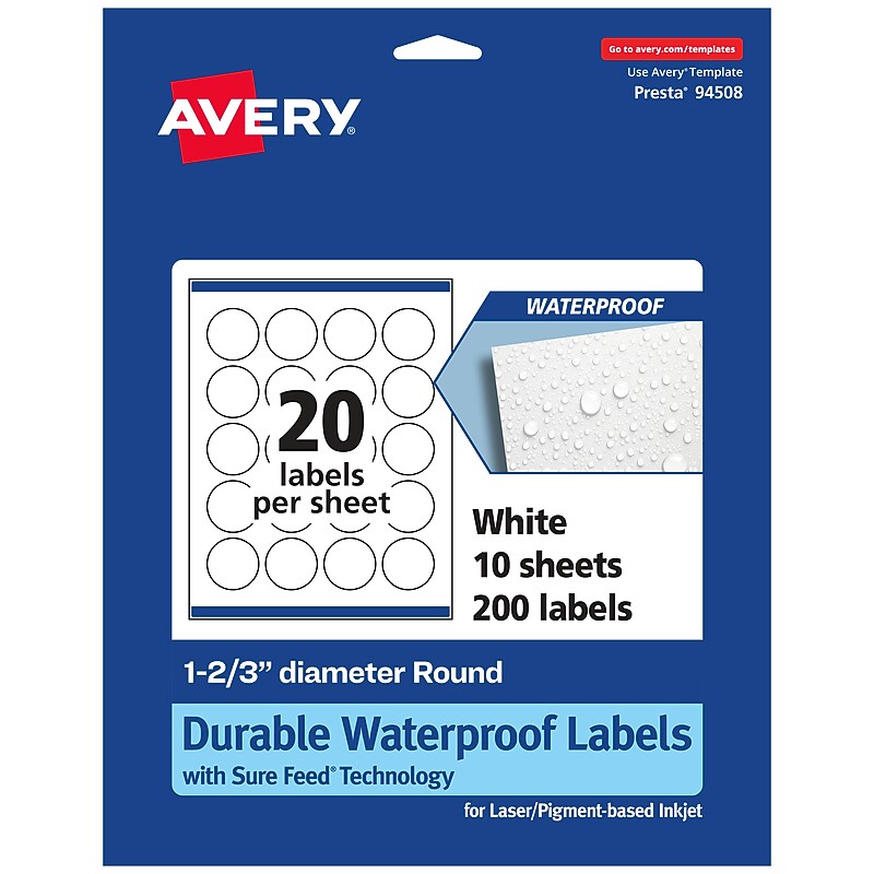 Avery Laser/Inkjet Circle  Waterproof Multipurpose Labels, 1.6667"  Dia, White, 200/Pack (94508) image 1
