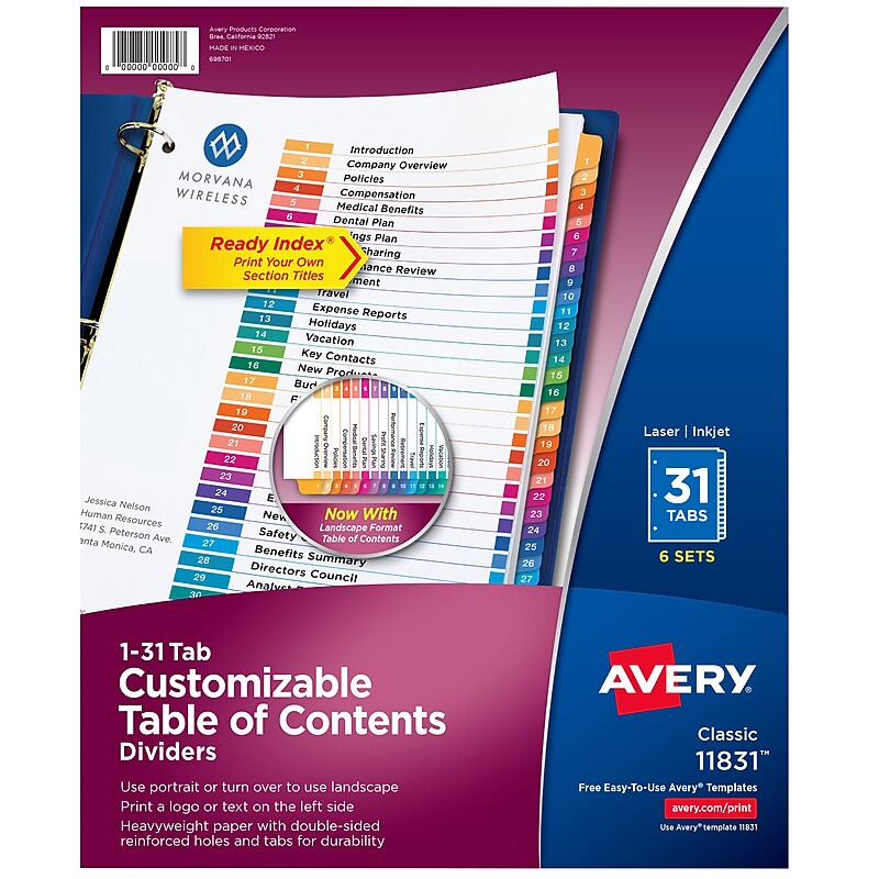 Avery Ready Index Table of Contents Paper Dividers, 1-31 Tabs, Multicolor, 6 Sets/Pack (11831) image 1