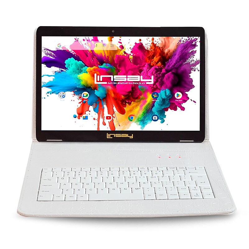 LINSAY 10.1"Octa Core  Tablet, WiFi, 128GB, Andriod, White Crocodile Style Keyboard image 1